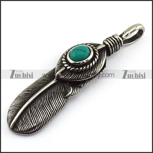 Retro Stainless Steel Feather Pendant with Turquoise Stone p002965