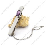 High Polishing Stainless Steel Tie Bar Clip with Purple Faceted Stone t000064