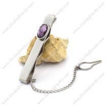 High Polishing Stainless Steel Tie Bar Clip with Purple Faceted Stone t000064