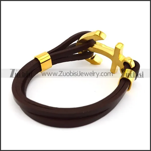 Brown Leather Bracelet with Golden Stainless Steel Jesus Anchor Buckle b006140