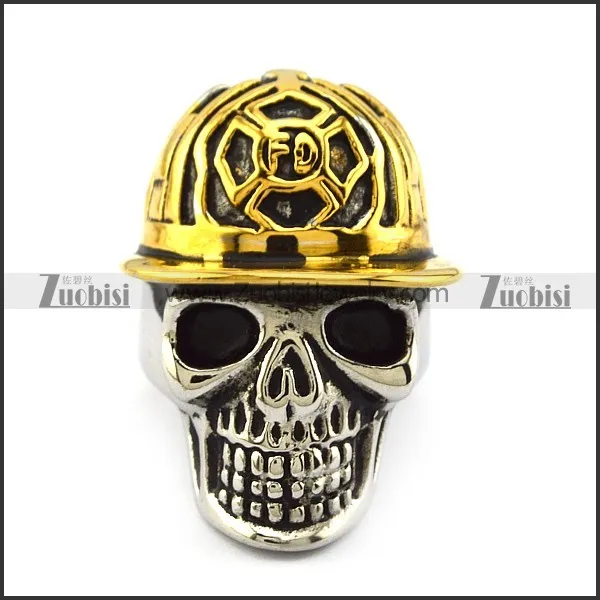 Stainless Steel Skull Ring wearing Gold Fireman Hat r003996