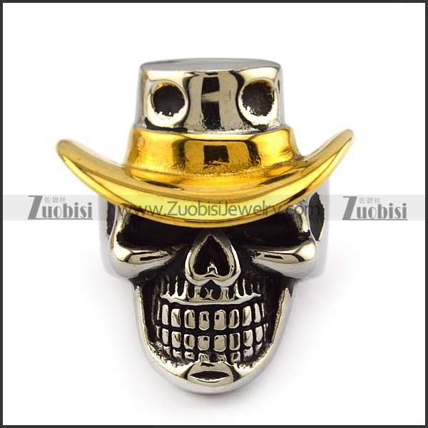 Skull Ring with Gold Cowboy Hat r003995