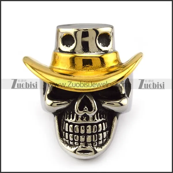 Skull Ring with Gold Cowboy Hat r003995