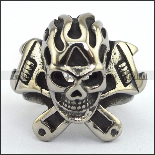 Spanner Fire Skull Ring for Biker r002344