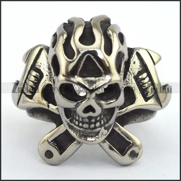 Spanner Fire Skull Ring for Biker r002344