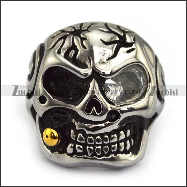 Rock Skull Ring with Big Clear Zircon Eye and Gold Plating Smoking Pipe JR500007