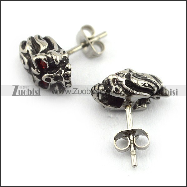 Stainless Steel Fire Skull Earring with Red Crystal Eyes e000377