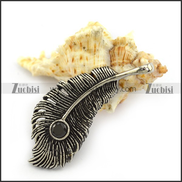 Carbon Black Rhinestone Feather Pendant in Stainless Steel p004215