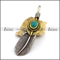 Retro Feather Penant in Gold and Silver with Turquoise p003040