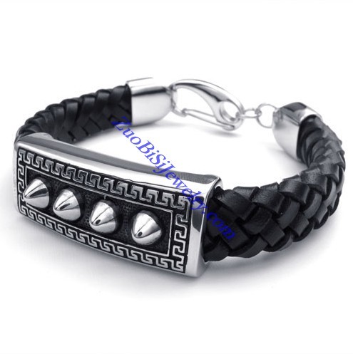 mens leather bracelets with one of a kind steel pattern JB480005