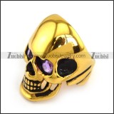 Gold Skull Ring in Steel with Purple Rhinestone Eyes r002011
