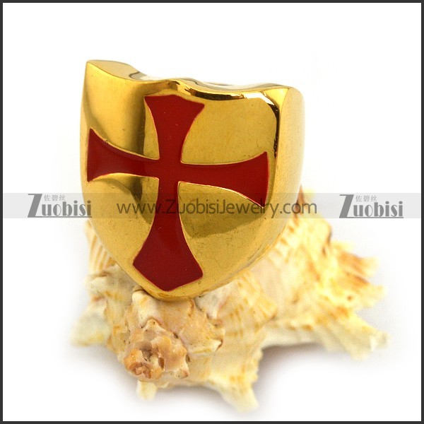 Yellow Gold Stainless Steel Ring Enamel Red Cross r003853