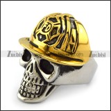 Stainless Steel Skull Ring wearing Gold Fireman Hat r003996