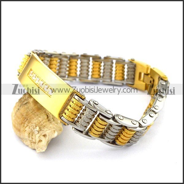 Gold Steel Bicycle Chain Bracelet with Clear Rhinestones ID Plate b004000