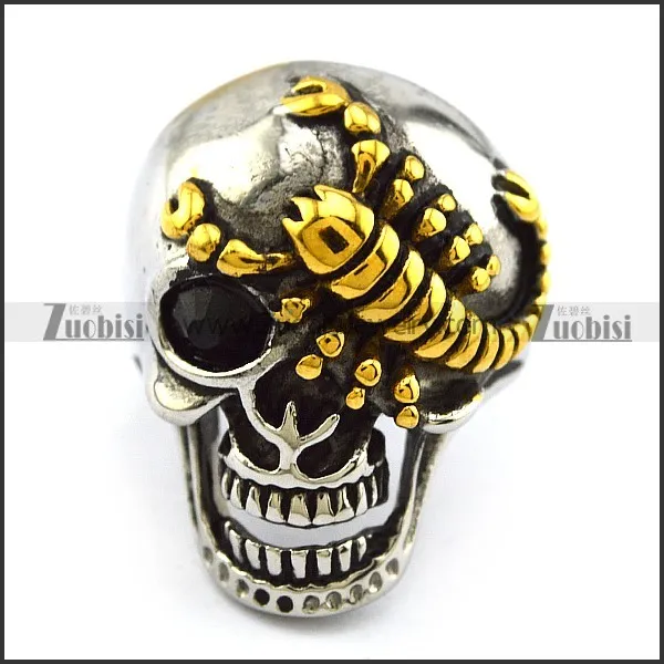 Silver Stainless Steel Skull Ring with Golden Scorpion r004315
