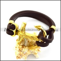 Brown Leather Bracelet with Golden Stainless Steel Jesus Anchor Buckle b006140