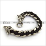 Black Leather Chain Bracelet with 2 Wolf Heads b005223