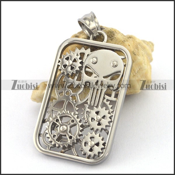 hollow tag pendant with skull and gear wheels p003184