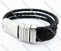 Stainless Steel 3 Lines Black Leather Bracelet - JB400037