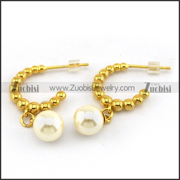 Shiny Gold Steel Bead Earring Hoop with Pearl e001217