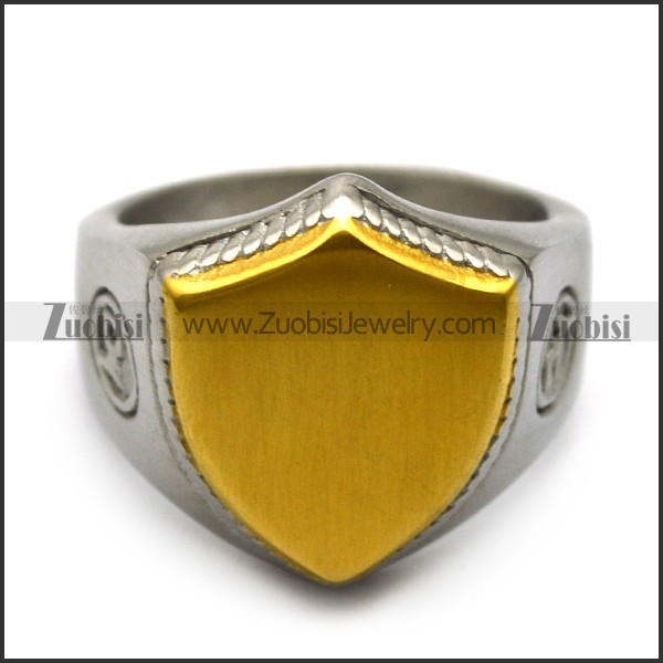 matte steel blank signet ring with golden shield face r005211