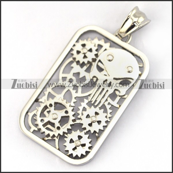 hollow tag pendant with skull and gear wheels p003184