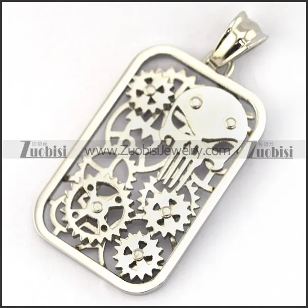 hollow tag pendant with skull and gear wheels p003184