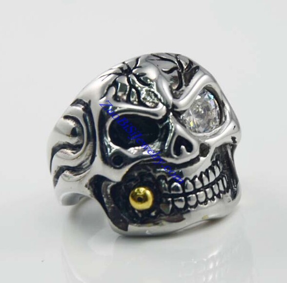 Rock Skull Ring with Big Clear Zircon Eye and Gold Plating Smoking Pipe JR500007