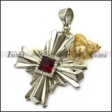 Silver Stainless Steel Cross Pendant with Square Faceted Red Stone p007039
