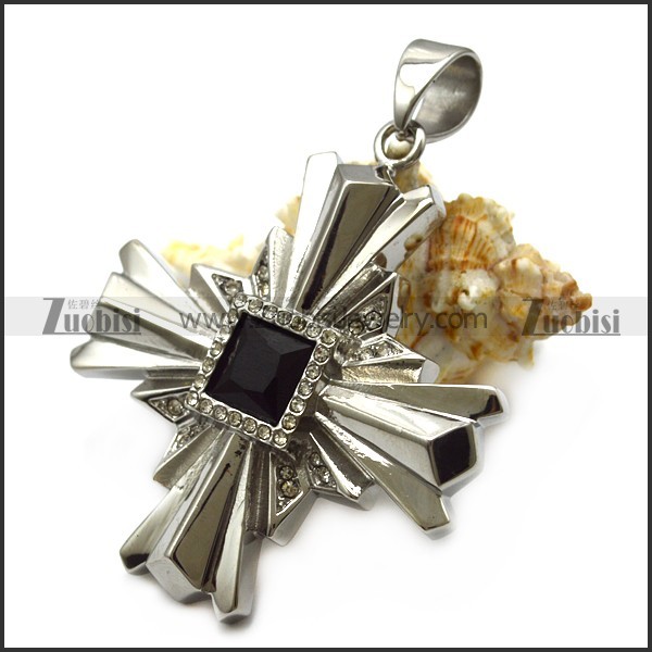 Black Faceted Stone Stainless Steel Cross Pendant p007040