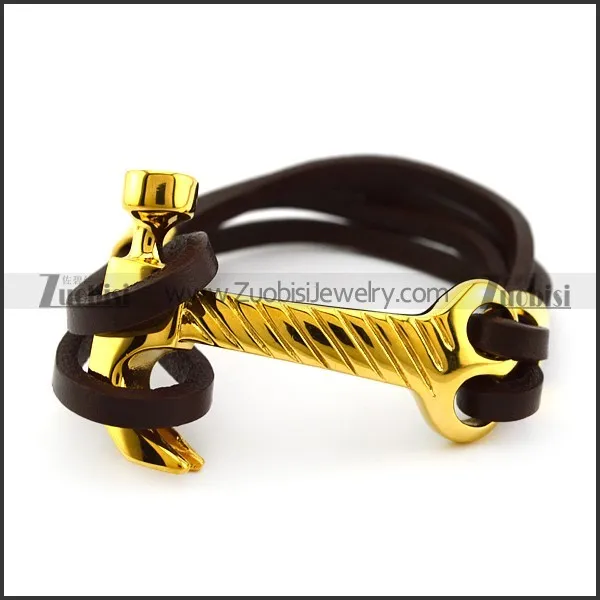 Gold Plated Stainless Steel Hammer Leather Bracelet b006144