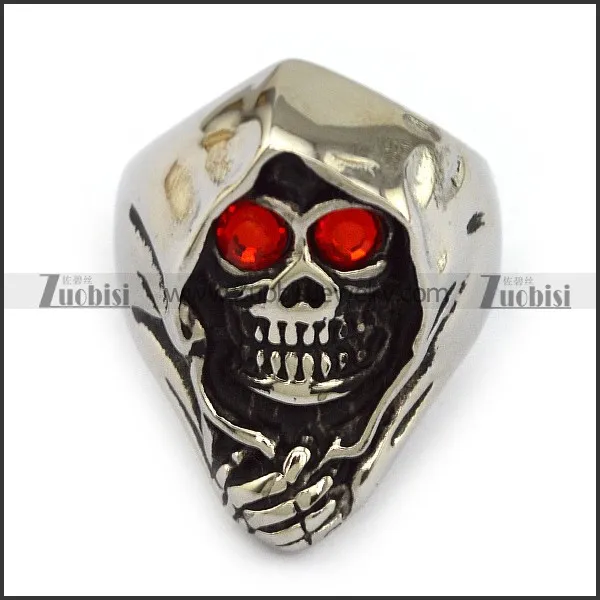 Death Messenger Stainless Steel skull Ring with 2 fiery-red Eyes -JR010202