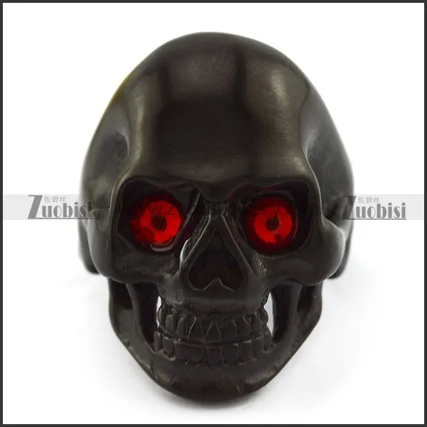 Red Rhinestones Black Stainless Steel Skul Ring r004296