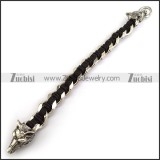 Black Leather Chain Bracelet with 2 Wolf Heads b005223
