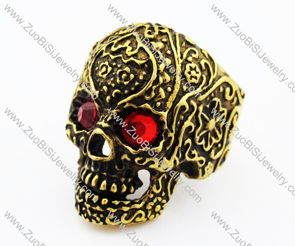 Gold Plated Stainless Steel Skull Ring with 2 Red Eyes -JR010191