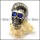 Silver Stainless Steel Handsome Skull Ring with Blue Rhinestones Eyes r004308