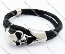 Stainless Steel 2 Lines Leather Bracelet with Skull - JB400042