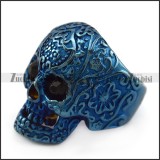 Blue Flower Skull Ring with 2 Faceted Black Rhinestones Eyes r004311