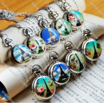 Silver Plated Pocket Watch Chain with Scenery Cover -PW000198