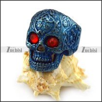 Dark Red Rhinestone Eyes Flower Skull Ring in Blue Finishing r004313