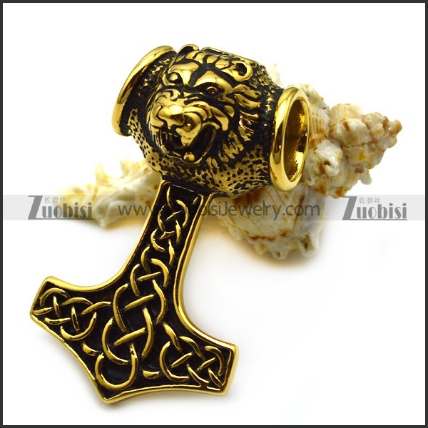 53MM Long Vintage Gold Solid Viking Lion Head Pendant p007017