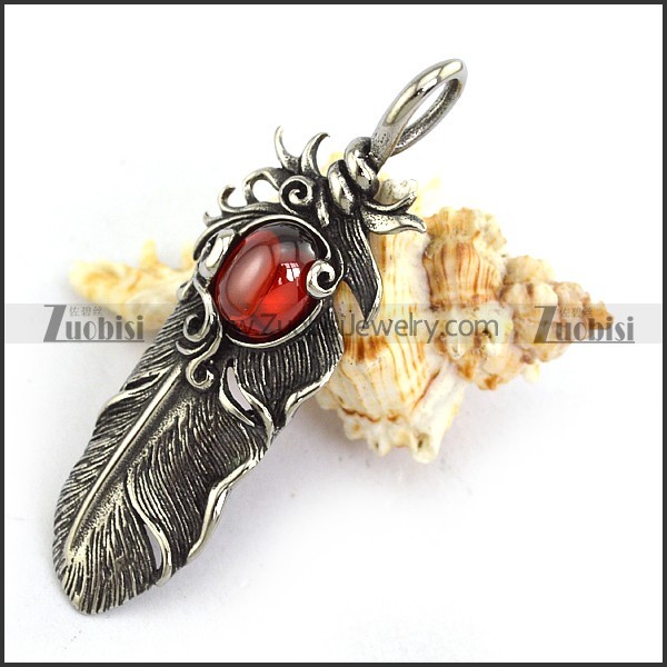 Clear Red Stone Stainless Steel Feather Pendant p003867