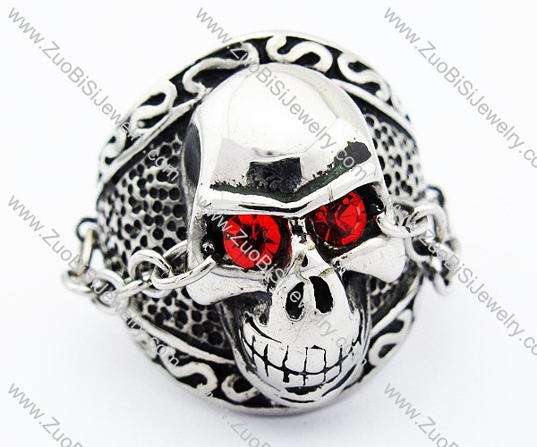 Stainless Steel Red Zircon Eye Skull Ring with a eye chain - JR300002