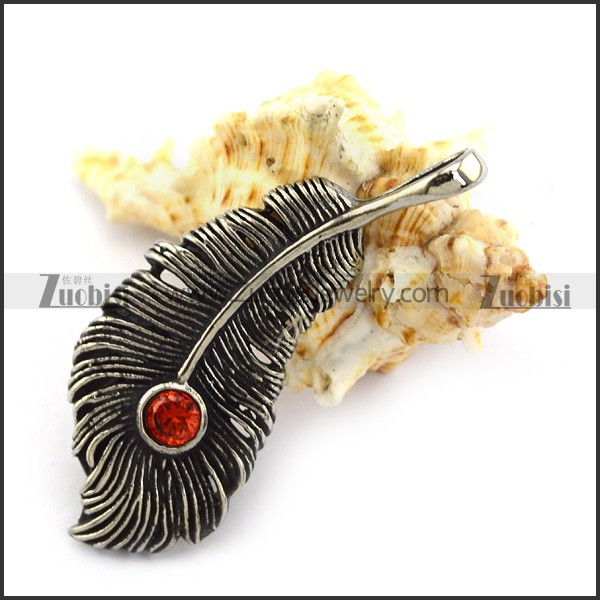 50MM Vintage Steel Feather Pendant with Red Rhinestone p004214