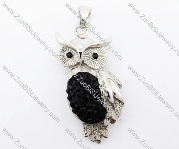 Black Rhinestone Stainless Steel Owl Bird Pendant - JP420028