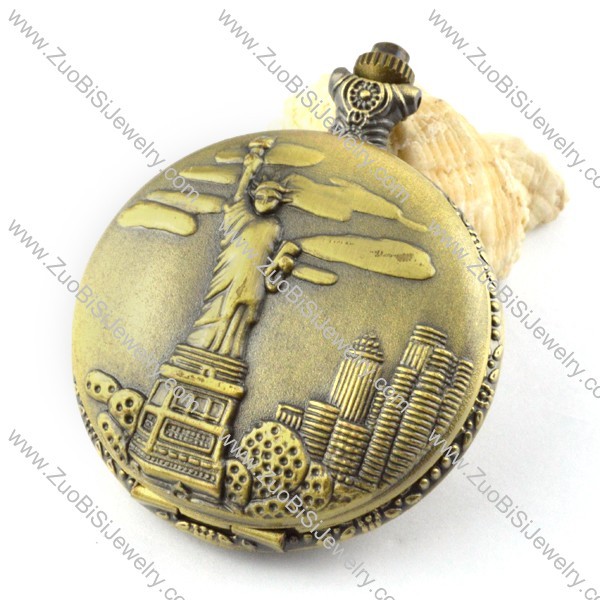 Vintage Brass Statue of Liberty Quartz Pocket Watch with Chain for Unisex -pw000352
