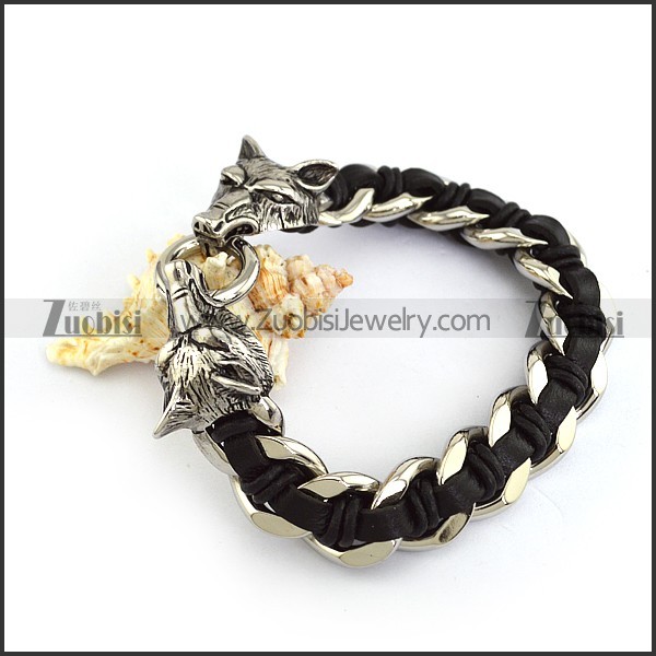 Black Leather Chain Bracelet with 2 Wolf Heads b005223