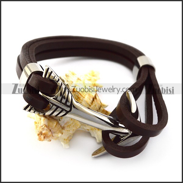 Stainless Steel Arrow Charm Brown Leather Bracelet b006141