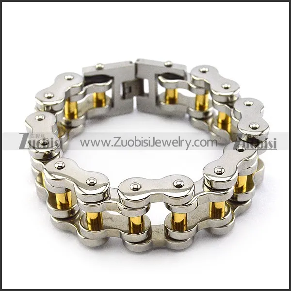 Silver Tone Motorcycle Chain Bracelet for Bikers in 25MM Wide with Golden Tube b005406