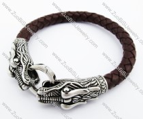 Stainless Steel China Dragon Brown Leather Bracelet - JB400010